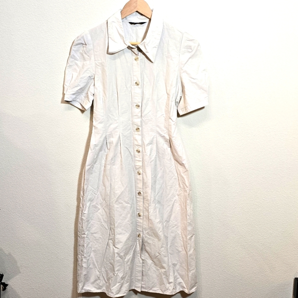 SPAO Elegant White Button-Down Dress, Balloon Shoulder, Neutral, Sz Small